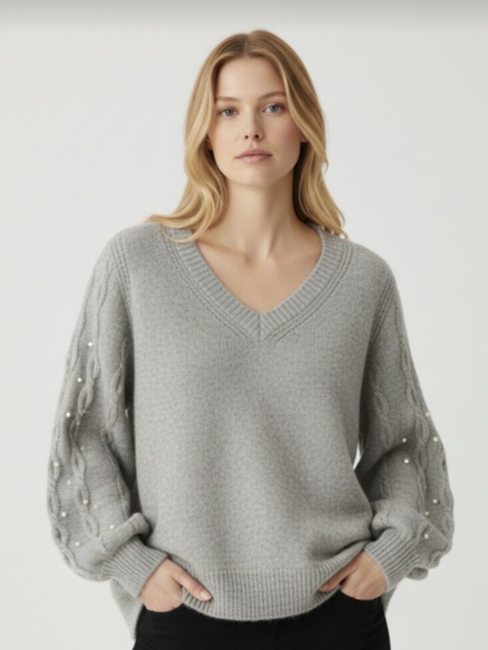 NWT! CROWN & IVY! PEARL EMBELLISHED MARLED GRAY CABLED SLEEVES SWEATER! SZ 3X